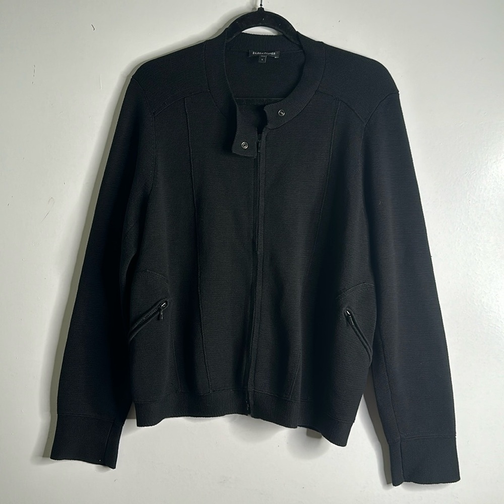 Eileen fisher slik cotton blend zip up knit jacket shirt  L black quilt luxury - Picture 4 of 10
